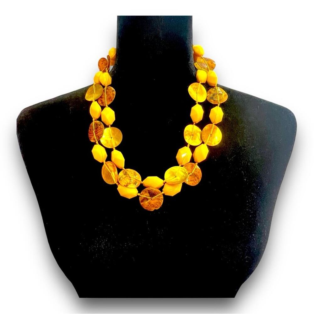 MUSTARD GOLD VINTAGE MOTHER OF PEARL SHELL with Beads 2 STRAND NECKLACE